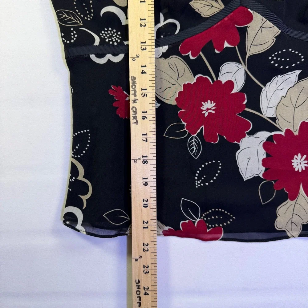 Ann Taylor Petites 100% Silk 2 Piece Skirt Set Floral Black Red V-Neck Size 6P